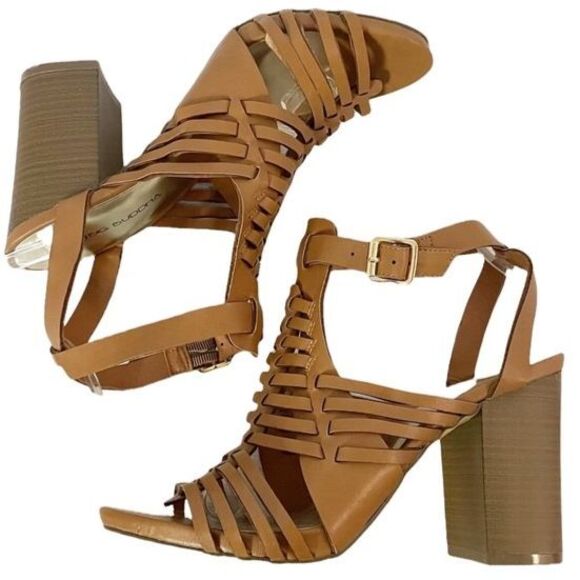 Big Buddha Strappy Block Heel Gladiator Sandal Camel Tan Faux Leather Size 8.5 - Picture 2 of 12